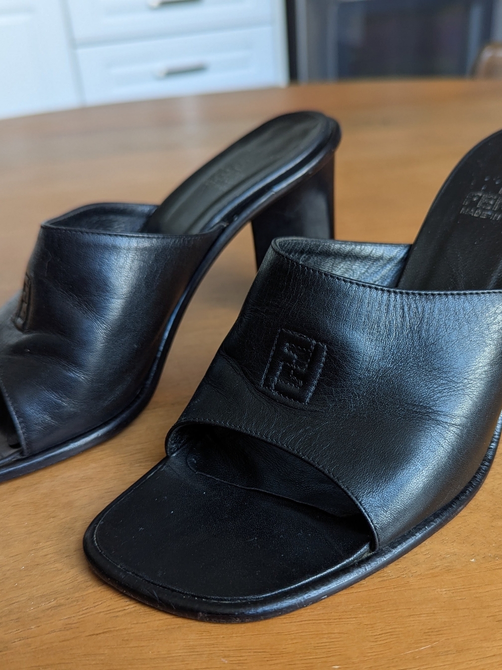Fendi Black Leather Heeled Mules